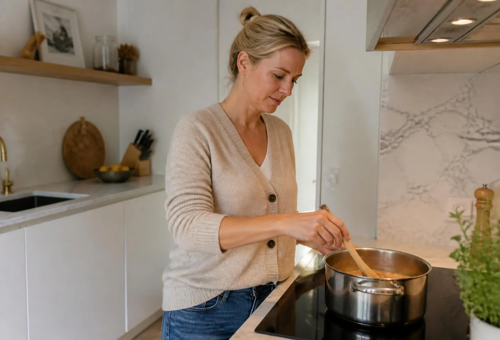 Mama kocht in der Küche, während Gemüse auf dem Holzbrett und Töpfe auf dem Herd stehen