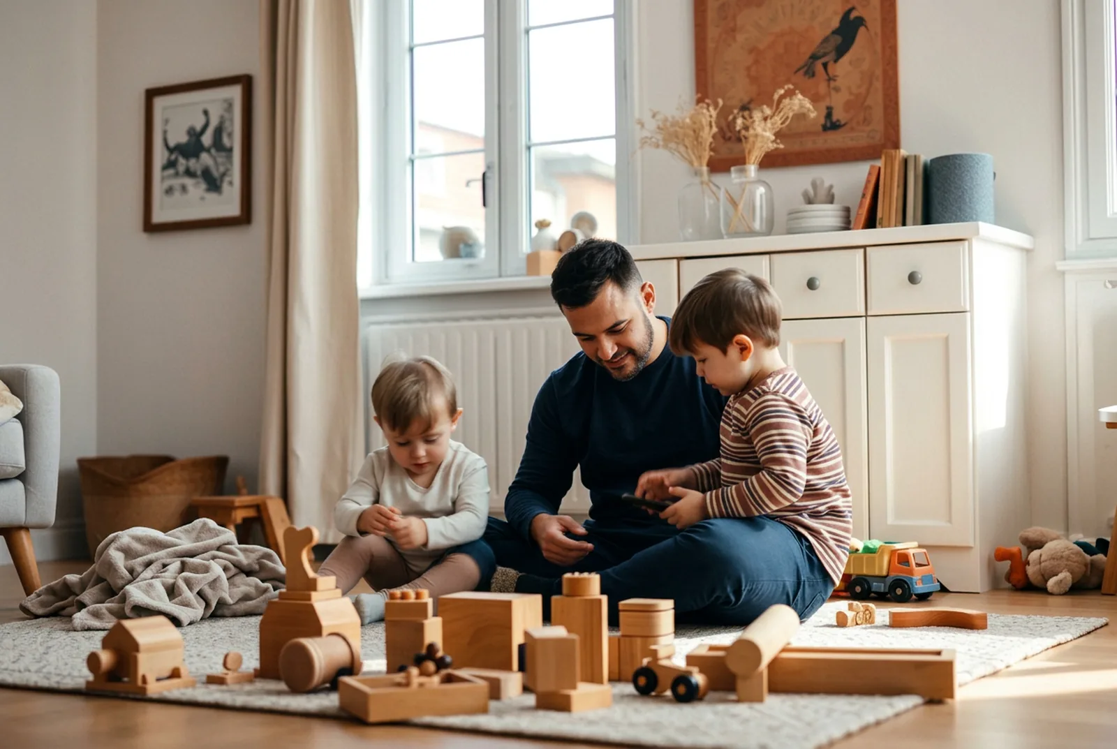 Mein Mann spielt mit zwei unserer Kinder auf dem Wohnzimmerteppich zwischen Holzspielzeug